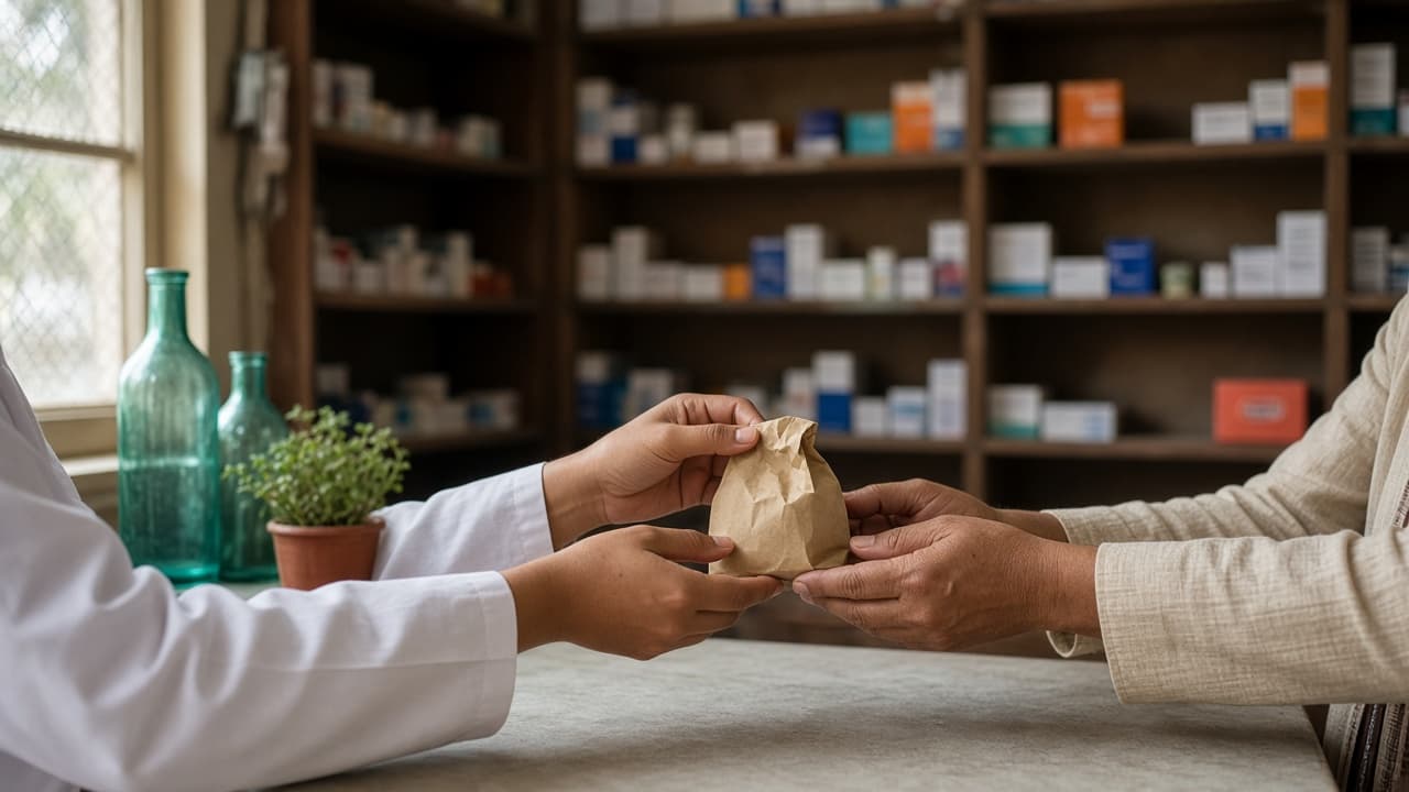 A pharmacist handing a medicine bag across the counter